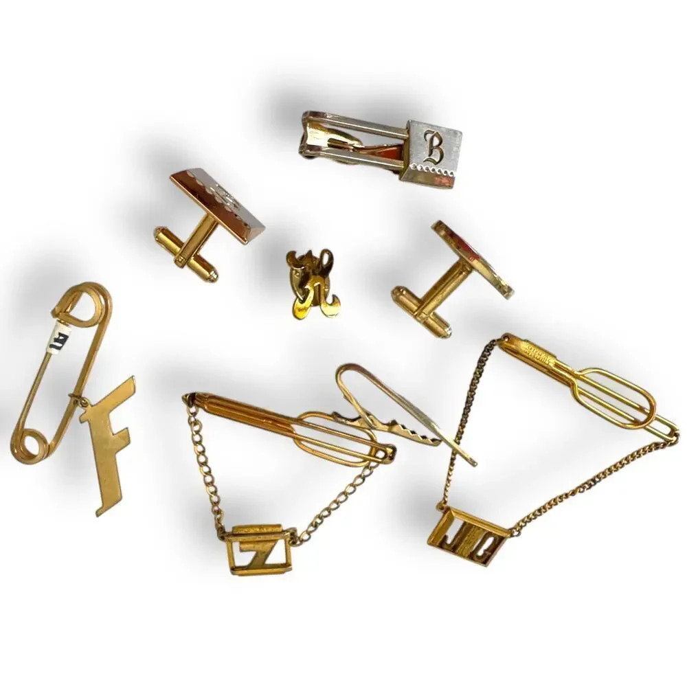 Vintage Lot of 8 Men’s Jewelry Swank, Hickok Cufflinks, Tie Bar Monogram Pins